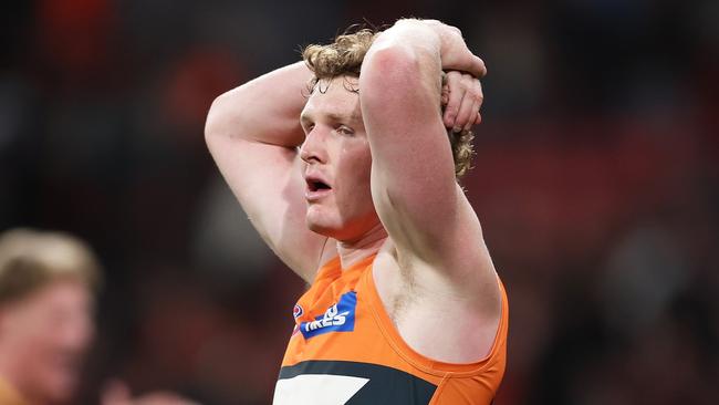 SYDNEY, AUSTRALIA - SEPTEMBER 14:  Tom Green of the Giants looks dejected at full time during the AFL First Semi Final match between GWS Giants and Brisbane Lions at ENGIE Stadium, on September 14, 2024, in Sydney, Australia. (Photo by Matt King/AFL Photos/via Getty Images)