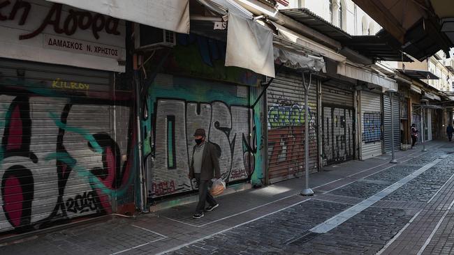 Shuttered hops in Thessaloniki, Greece, over the weekend. Picture: AFP