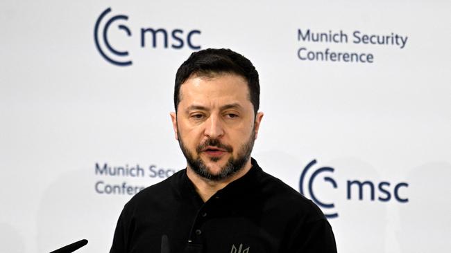 Ukrainian President Volodymyr Zelensky gives a speech during the 61st Munich Security Conference in Germany on Saturday. Picture: Thomas Kienzle / AFP