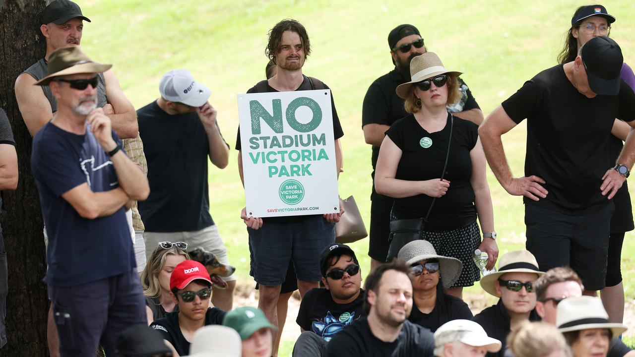 Protesters saying no to an Olympic stadium at Victoria Park. Picture: Liam Kidston