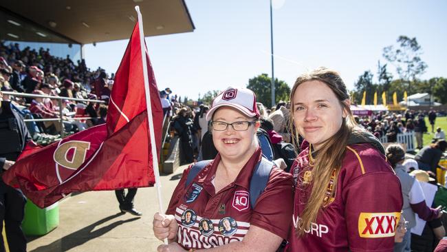 Kathy Knowles (left) and Ashlea Hill at Queensland Maroons fan day at Toowoomba Sports Ground, Tuesday, June 18, 2024. Picture: Kevin Farmer