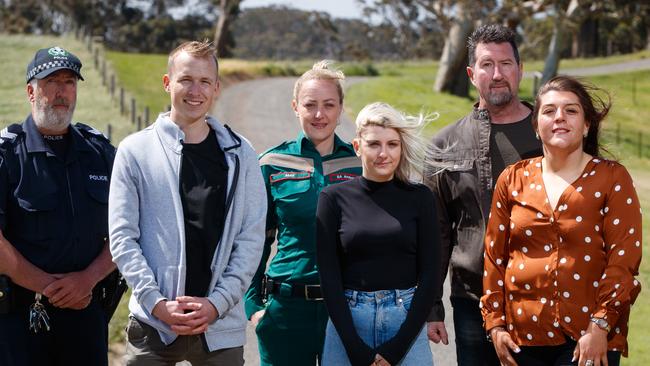 25/10/2019 Holly road safety video project. Group shot includes Police officer Joe McDonald, Hollyâ€™s boyfriend Johnny Zehle, Paramedic Amy Rutten, Holly Scott, dad Richard Scott and LSA case manager Jess Ciccarello pictured in the Adelaide Hills. Picture MATT TURNER