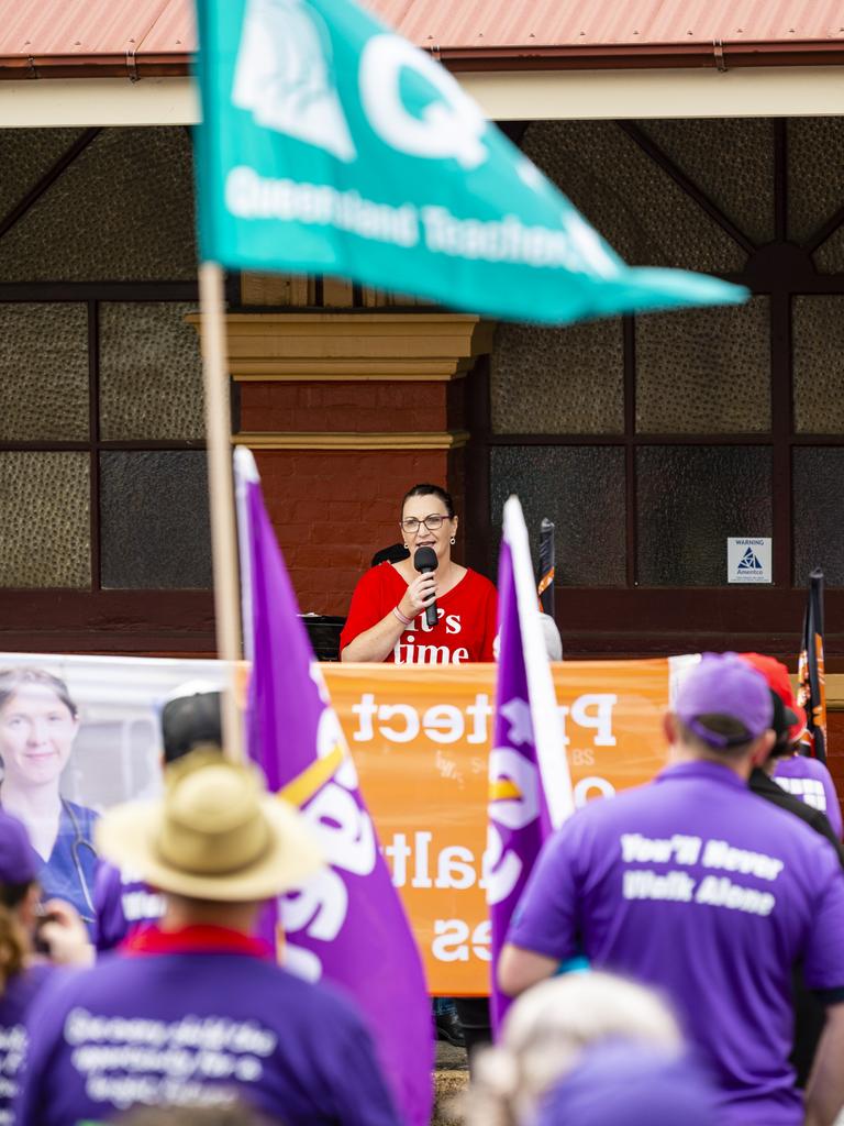 Labor candidate for Groom Gen Allpass addresses the gathering before the Labour Day 2022 Toowoomba march, Saturday, April 30, 2022. Picture: Kevin Farmer