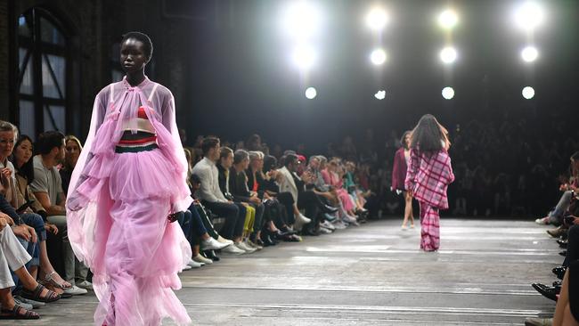 Models walk the runway wearing creations by Chloe Mottau during Mercedes-Benz Fashion Week Australia 2019. (AAP Image/Joel Carrett)