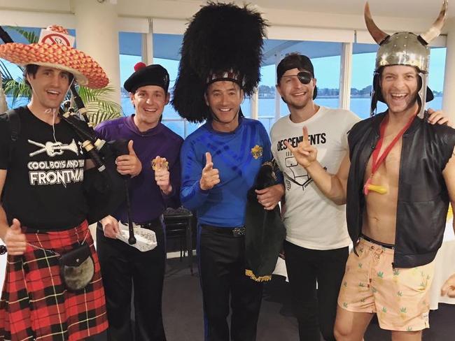 Hamish and Andy and Cacklin’ Jack dress up to meet The Wiggles on their final radio show for 2016. Picture: Supplied