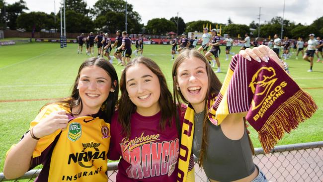 Broncos fans (from left) Sienna Hill, Serah Thomas and Bella Hill at the Brisbane Broncos Captain's Run and Toowoomba Fan Day at Toowoomba Sports Ground, Saturday, February 15, 2025. Picture: Kevin Farmer