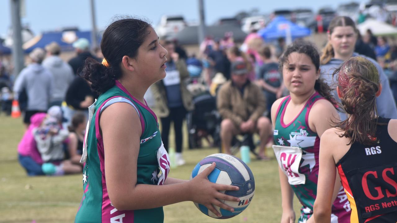 On court at the Cap Coast Junior Netball Carnival at the Barmaryee Multi Sports Precinct, Yeppoon, on August 11, 2024. Photo: Pam McKay