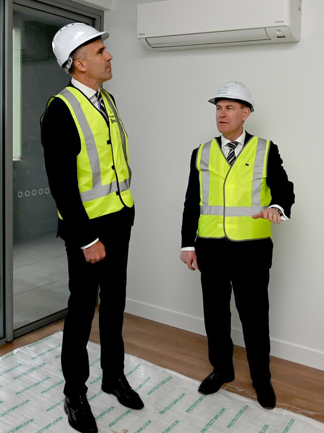 Premier Peter Malinauskas and Urban Development Minister Nick Champion at affordable and sustainable housing development in Bowden. Picture: NCA NewsWire / Naomi Jellicoe