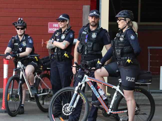 Police observing the Extinction Rebellion Protest outside News Corp Australia office, Bowen Hills. Picture: Liam Kidston.