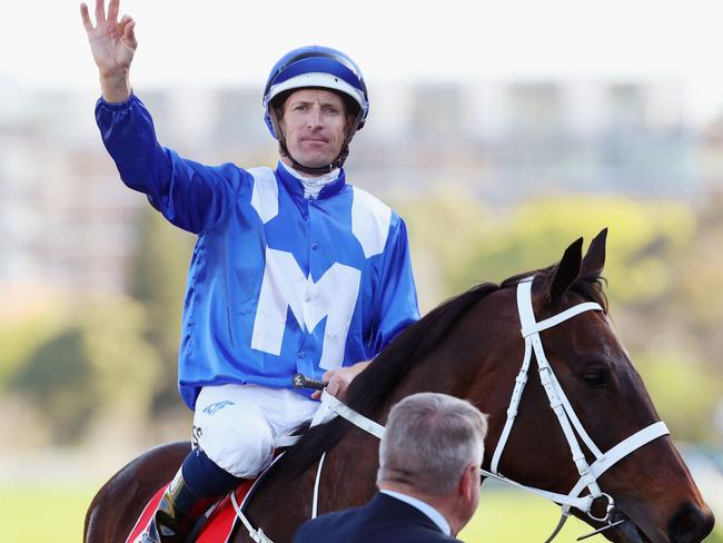 Hugh Bowman and Winx return to scale after winning the George Main Stakes. Picture: Getty Images