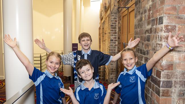 Grantham SS students (from left) Olivia Morris, Knox McGrarva, Isaac Wingett (back) and Stella Zischke on day three of Sing Out 2024 at The Empire, Thursday, June 6, 2024. Picture: Kevin Farmer