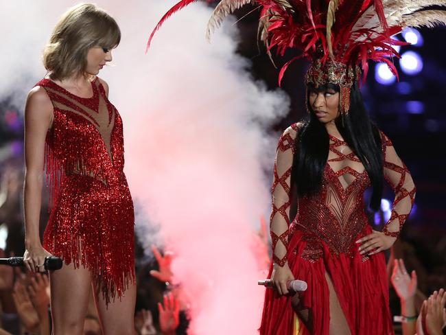 Now friends? ... Taylor Swift, left, and Nicki Minaj perform at the MTV Video Music Awards. Picture: AP