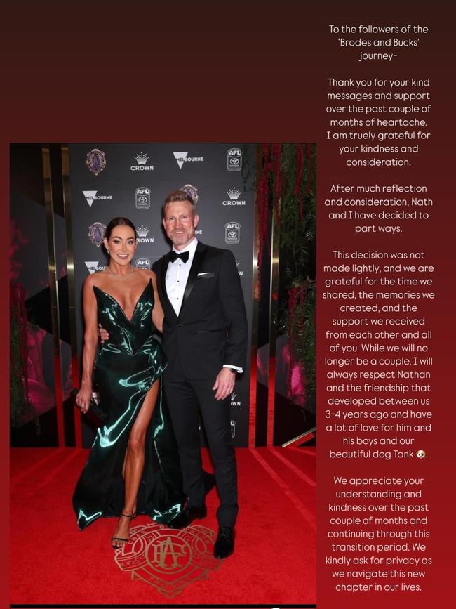 Ryan announced the split in a post on her Instagram Stories. Picture: Instagram/brodieryan