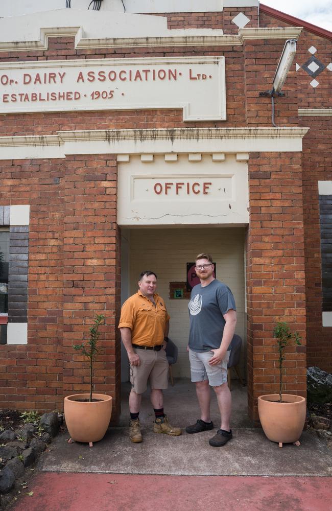 John McLean Bennett and Lachlan Jurgs outside the Dairy Co-operation, a new co-working space in the former offices of the Downs Dairy Factory. Monday, October 28, 2024. Picture: Christine Schindler