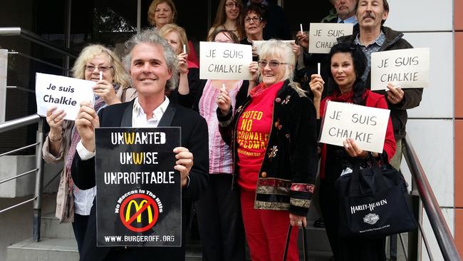 Anti-Maccas Tecoma protester Richard Pearson and supporters.