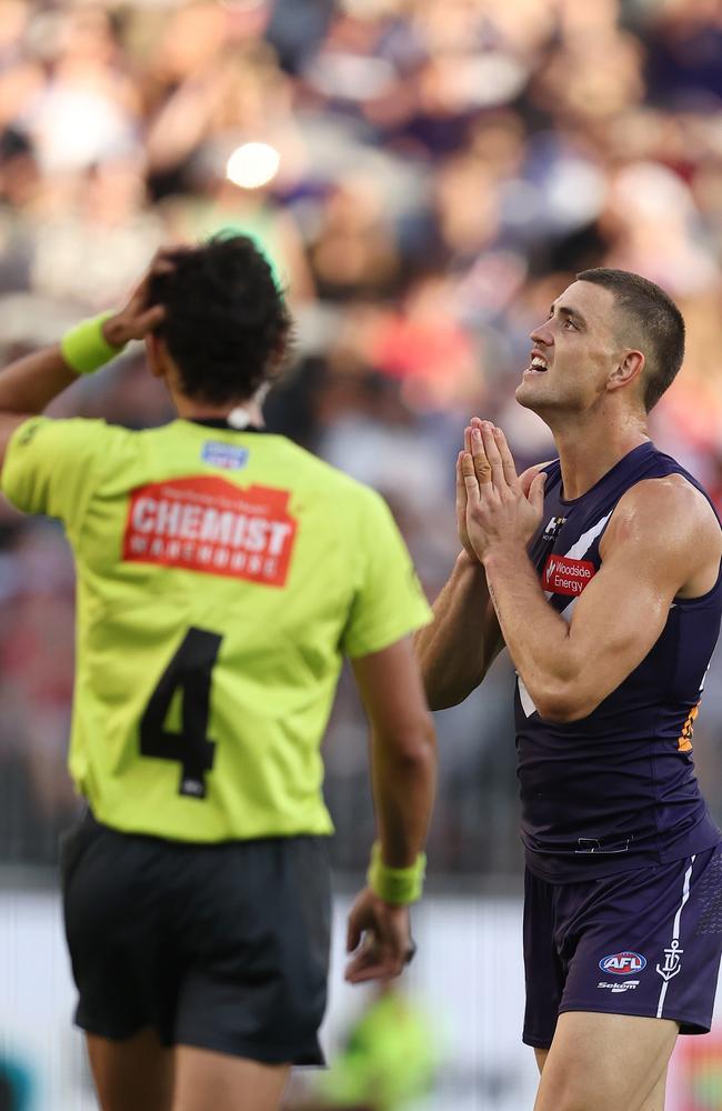 Patrick Voss reacts after missing a goal against the Swans. Picture: Paul Kane/Getty Images.