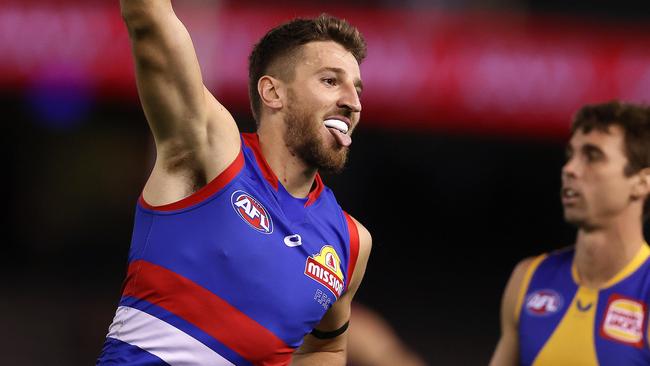 AFL Round 2. Western Bulldogs vs West Coast Eagles at Marvel Stadium, Melbourne.  28/03/2021.   Bulldog Marcus Bontempelli celebrates his goal in the third quarter   . Pic: Michael Klein