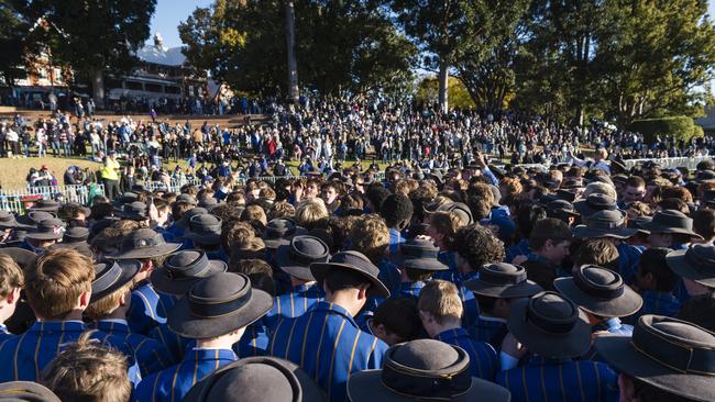 Grammar celebrate their win against Downlands in the O'Callaghan Cup on Grammar Downlands Day at Toowoomba Grammar School, Saturday, August 19, 2023. Picture: Kevin Farmer