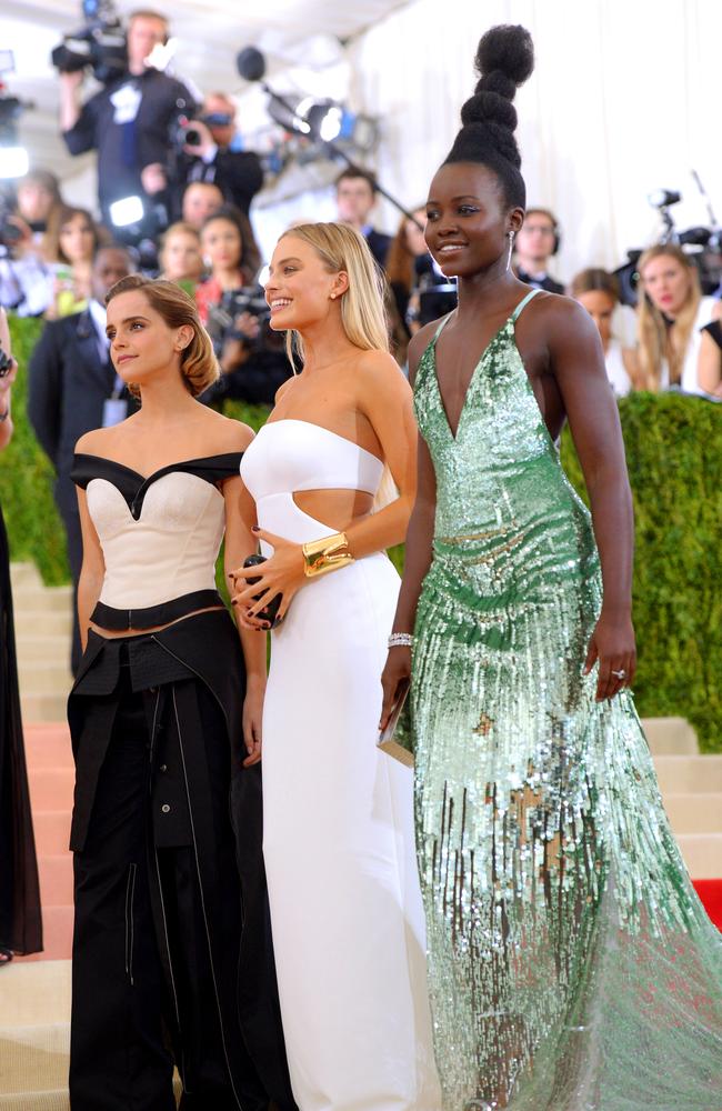 Emma Watson, Margot Robbie and Lupita Nyong’o attend the “Manus x Machina: Fashion In An Age Of Technology” Costume Institute Gala at Metropolitan Museum of Art on May 2, 2016 in New York City. Picture: AP