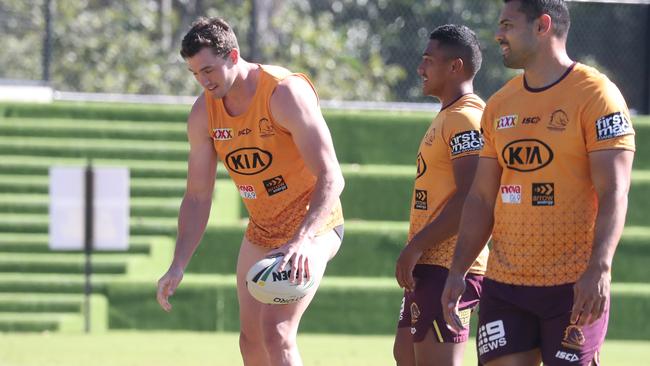 Corey Oates is caught with his pants down at Broncos training. Picture: Annette Dew