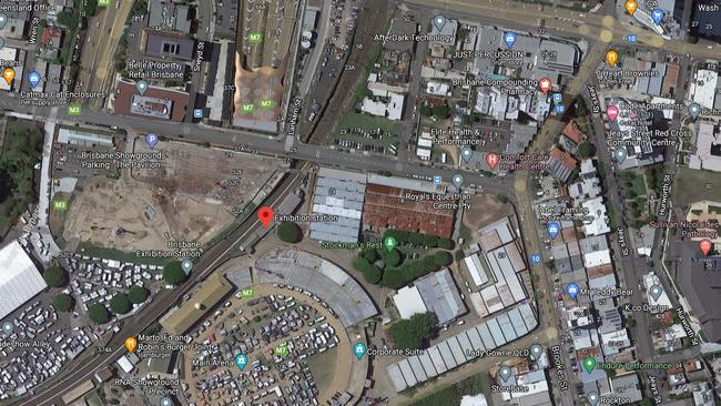 Aerial view of the Ekka, with the train station marked in red.