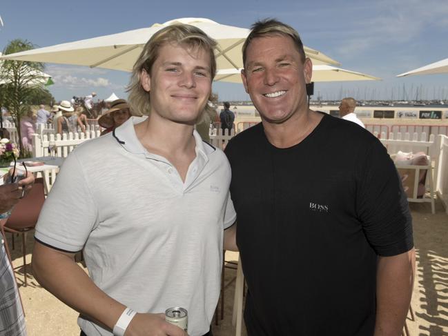 Jackson Warne and Shane Warne attend Twilight Beach Polo on February 5 in St Kilda. Picture: Sam Tabone/WireImage