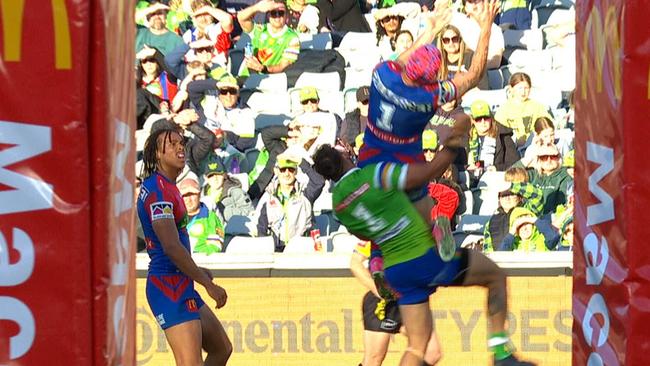 Ponga was taken out without the ball high in the air. Photo: Fox League.