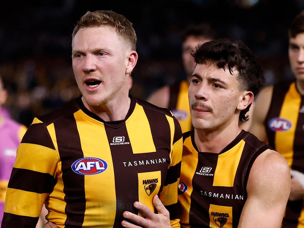 ADELAIDE, AUSTRALIA - SEPTEMBER 13: James Sicily of the Hawks reacts to Ken Hinkley, Senior Coach of the Power after the 2024 AFL Second Semi Final match between the Port Adelaide Power and the Hawthorn Hawks at Adelaide Oval on September 13, 2024 in Adelaide, Australia. (Photo by Michael Willson/AFL Photos via Getty Images)