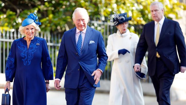 Queen Camilla, King Charles, Princess Anne and Prince Andrew attend the traditional Easter Sunday Mattins Service at St George's Chapel at Windsor Castle on April 9, 2023. Picture: Getty