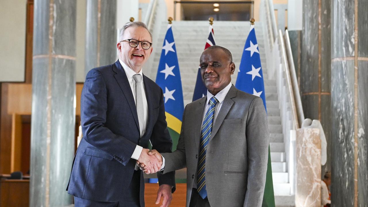 Anthony Albanese welcomed the Prime Minister of the Solomon Islands Jeremiah Manele to Parliament House on Wednesday. Picture: NewsWire / Martin Ollman