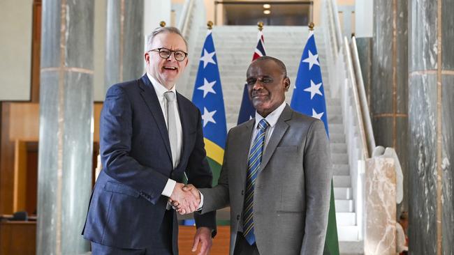 Anthony Albanese welcomed the Prime Minister of the Solomon Islands Jeremiah Manele to Parliament House on Wednesday. Picture: NewsWire / Martin Ollman