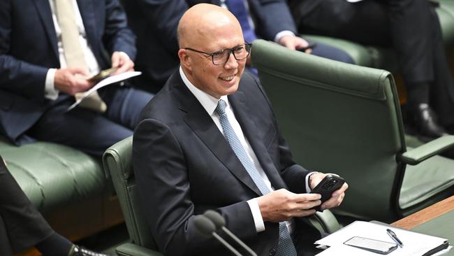 Leader of the Opposition Peter Dutton during Question Time at Parliament House in Canberra on Thursday. Picture: NewsWire / Martin Ollman