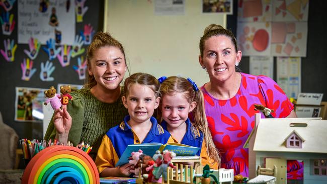 Barkly Highway State School in Mt Isa where teachers Rebecca Samios and Nicole Liu are with Sylvia Grubb 5, and Aaydi-Rose Katen, 5. Picture: Scott Radford-Chisholm