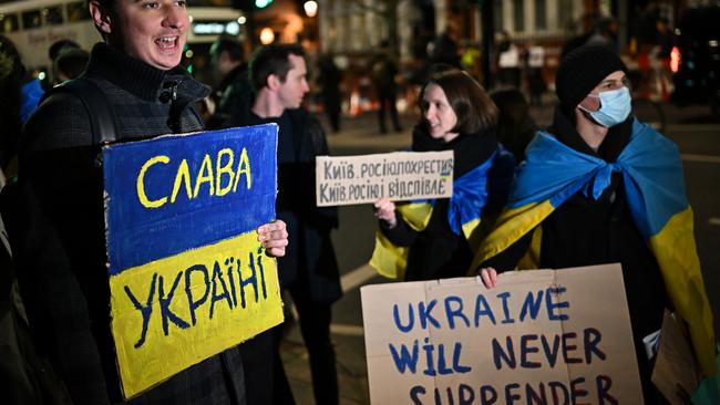 Ukrainians demonstrate outside the Russian Embassy in London. Picture: Jeff J Mitchell/Getty Images