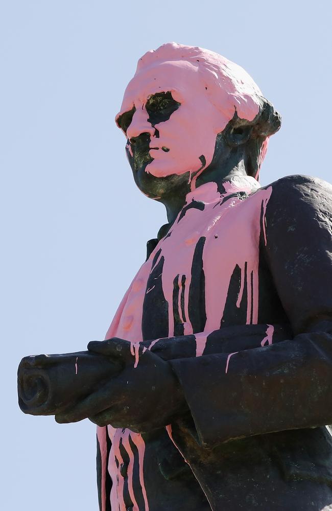 he Captain Cook statue in Melbourne’s Catani Gardens is vandalised in the leadup to Australi Day in 2018. Picture: Darrian Traynor/Getty Images