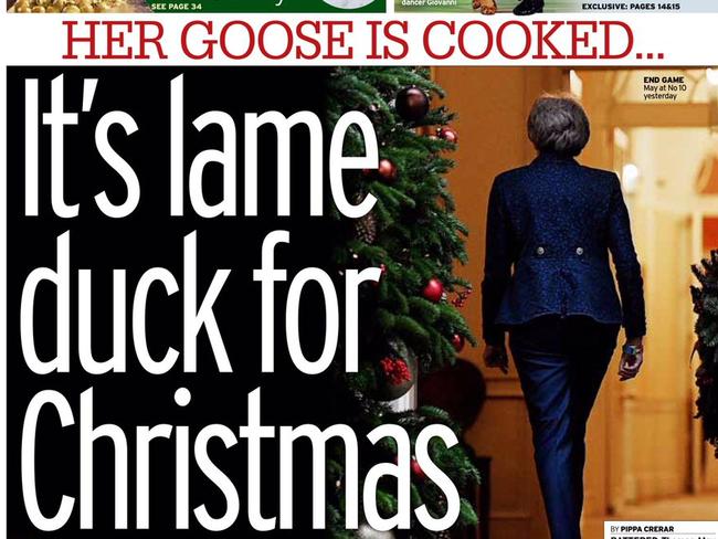 Front Pages of UK papers on December 13, 2018, Theresa May.