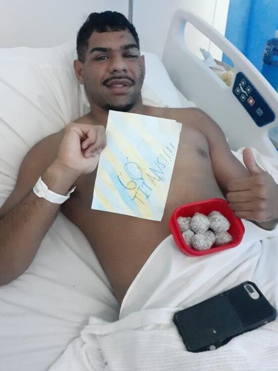 Gold Coast Titans player Treymain Spry in hospital after he was viciously attacked. Picture: Supplied.