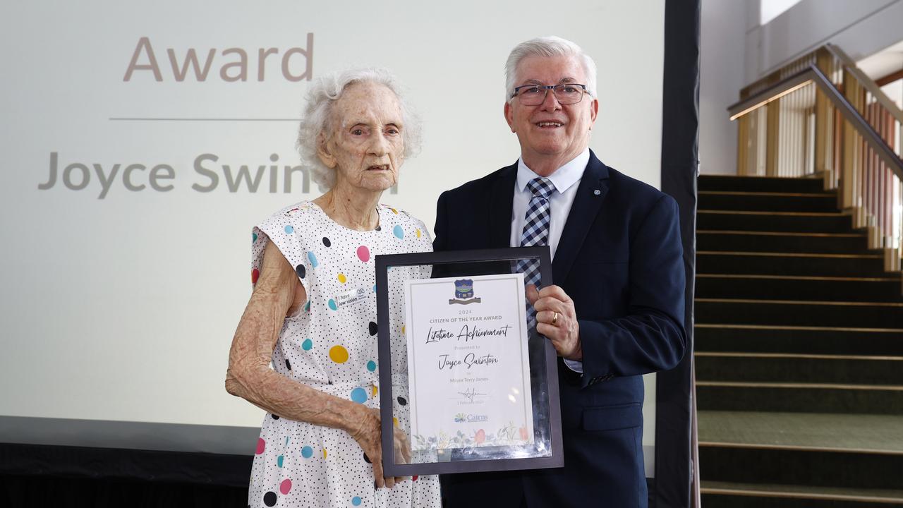 Philanthropist Joyce Swinton received the Lifetime Achievement Award by Cairns Mayor Terry James at the Cairns Citizen of the Year Awards, held at the Cairns Performing Arts Centre. Picture: Brendan Radke