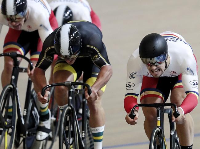 CYCLING - Track Down Under at the Adelaide Super-Drome, Gepps Cross. Matthew Glaetzer (right) on his way to winning the mens 1500m Keirin Picture SARAH REED