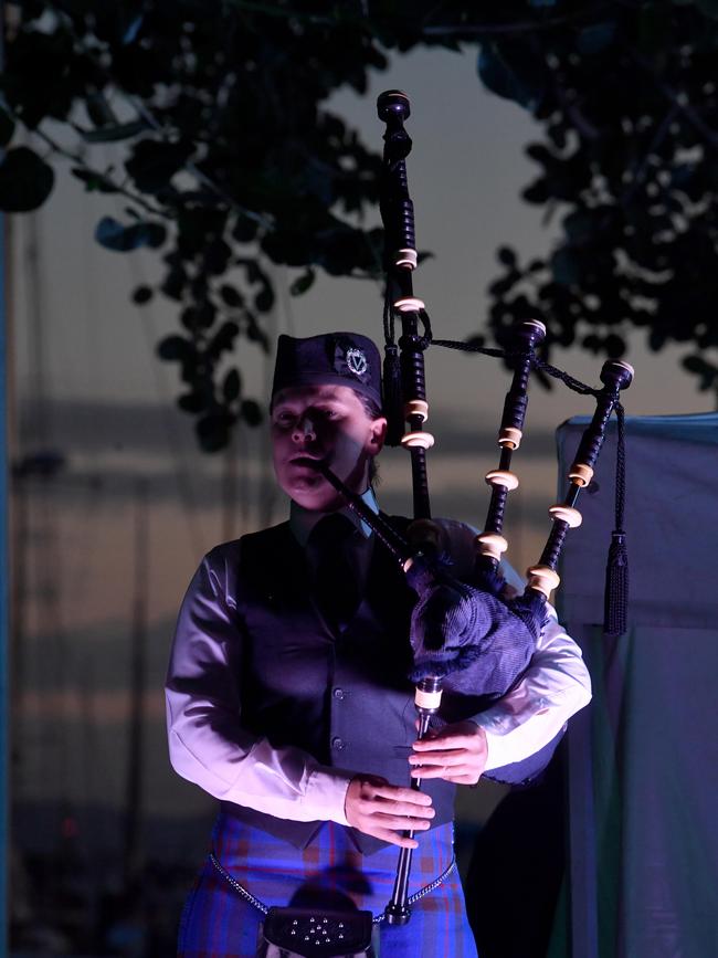Anzac Day 2025. Dawn service Anzac Park Townsville. Michelle Hoddler from the Townsville RSL Pipes and Drums. Picture: Evan Morgan
