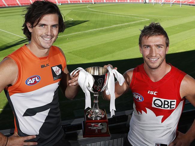 GWS co-captain Phil Davis and Sydney Swans co-captain Kieren Jack at Spotless Stadium ahead of Sydney Derby X. Picture. Phil Hillyard