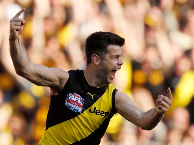 MELBOURNE, AUSTRALIA - SEPTEMBER 28: Trent Cotchin of the Tigers celebrates a goal during the 2019 AFL Grand Final match between the Richmond Tigers and the Greater Western Sydney Giants at Melbourne Cricket Ground on September 28, 2019 in Melbourne, Australia. (Photo by Darrian Traynor/AFL Photos/via Getty Images )