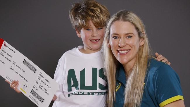 NCA . MELBOURNE, AUSTRALIAÃ July 7 , 2024.  Announcement of the Australian Basketball teams for the Paris Olympics at the Melbourne Sports and Aquatic centre .   5 time Olympian Lauren Jackson with her son Harry at todays announcement      . Pic: Michael Klein