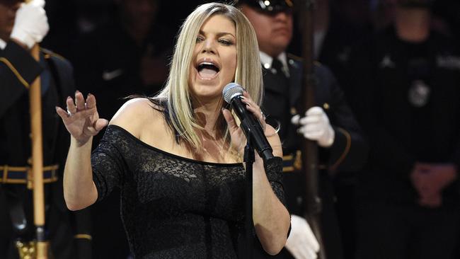 Singer Fergie performs the US national anthem prior to the NBA All-Star game. Picture: AP