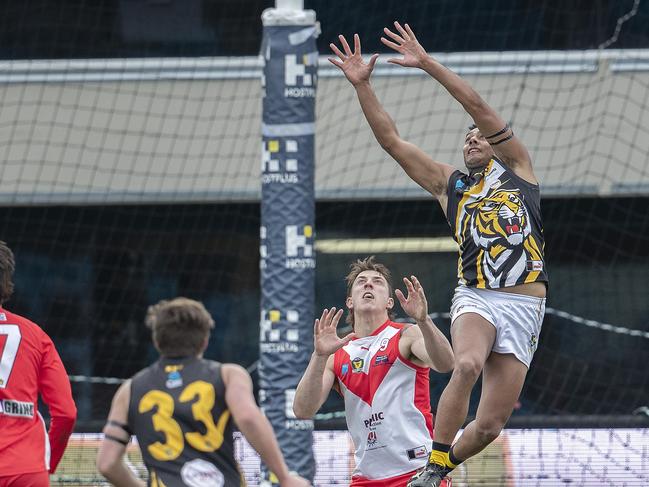 Elijah Reardon reaches high for the Tigers. Picture: Chris Kidd