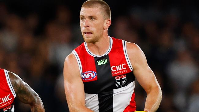 MELBOURNE, AUSTRALIA - APRIL 23: Sebastian Ross of the Saints in action during the 2023 AFL Round 06 match between the Carlton Blues and the St Kilda Saints at Marvel Stadium on April 23, 2023 in Melbourne, Australia. (Photo by Dylan Burns/AFL Photos via Getty Images)