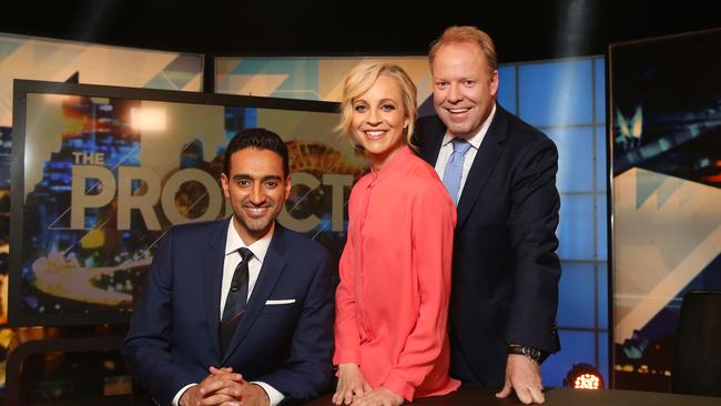 The Project presenters Waleed Aly, Carrie Bickmore and Peter Helliar will remain with the show. Picture: Richard Dobson