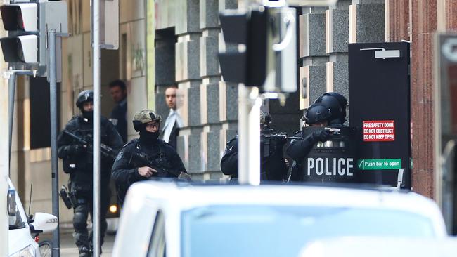 Police surround the Lindt cafe where Droudis’ partner Man Monis held several hostages in late 2014. Picture Craig Greenhill