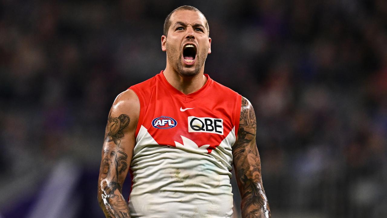 Lance Franklin of the Swans celebrates a goal.