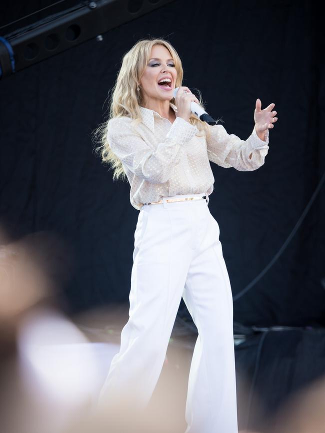 Kylie Minogue performs on the Pyramid stage in Glastonbury, England. Picture: Getty.